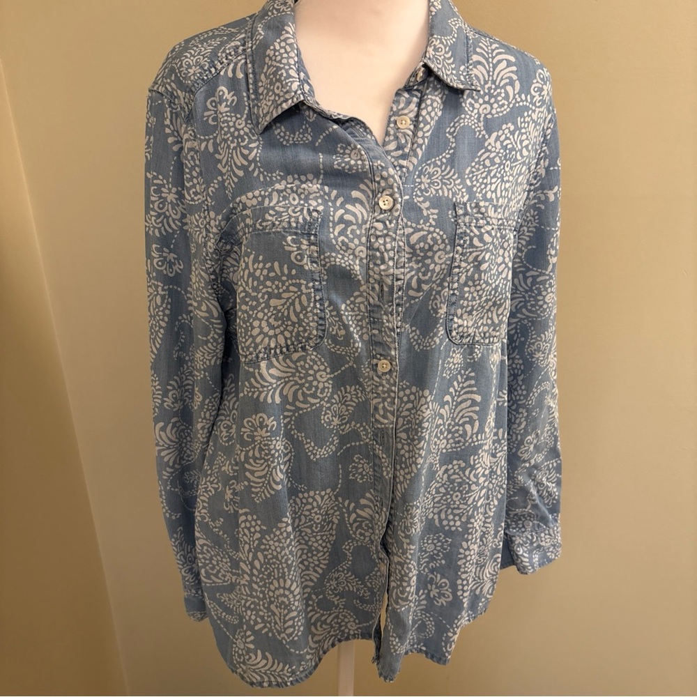 Chico's Denim Blue and Cream Floral Shirt